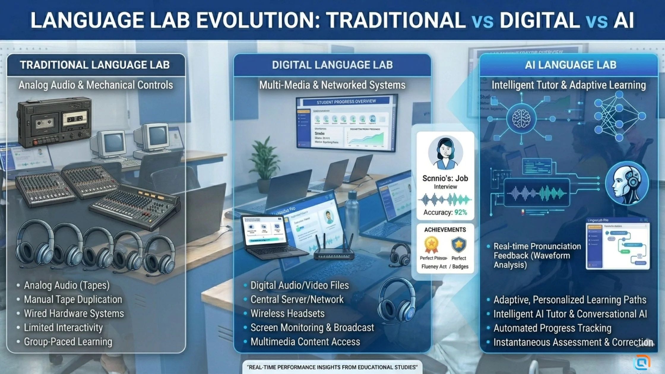 Comparison of Traditional, Digital and AI language lab for colleges showing key differences